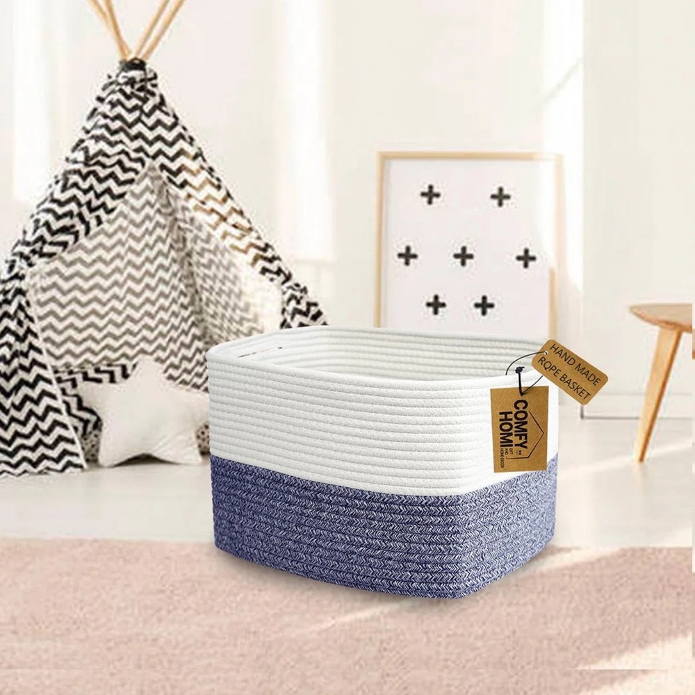 Comfy Homi Navy & White Cotton Rope Woven Storage Basket with Handles Brand New - Picture 4 of 4